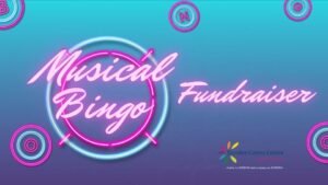 Musical Bingo fundraiser in neon pink against an 80