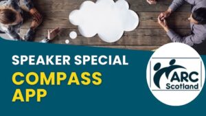 Down view of a table with people seated round. Big white speeck bubble is in the middle of the table. Bottom right ARC logo within a circle.