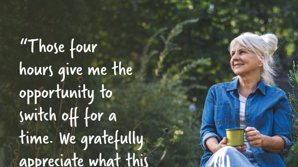 Image of an older woman sitting with a mug, looking off to the side smiling. Quote on the right: 